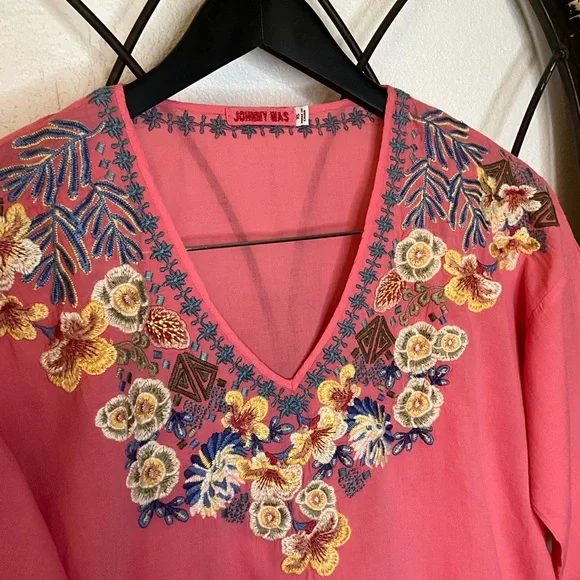 Johnny Was Coral Dress With Blue Multi Color Embroidery Flowers Size Small - Picture 6 of 7